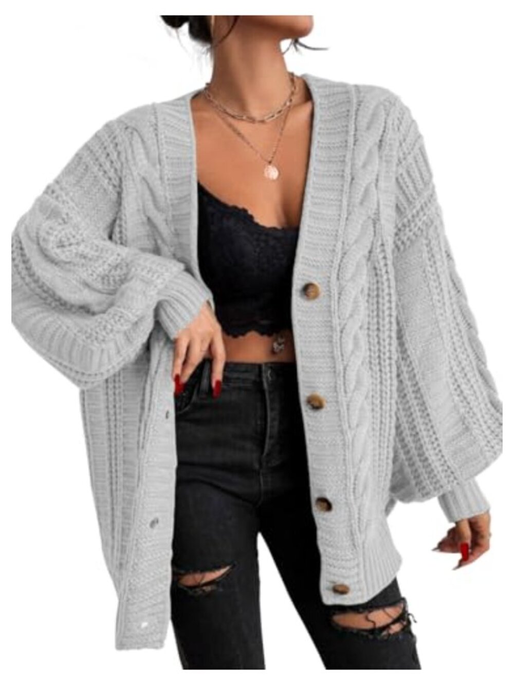 Oversized Open Front Cardigan Soft Knit Button Down Sweater Long Sleeve